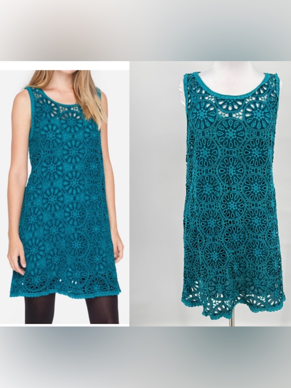 Johnny Was Dial Eyelet Crochet Shift Dress Green Sleeveless Lace Floral Large